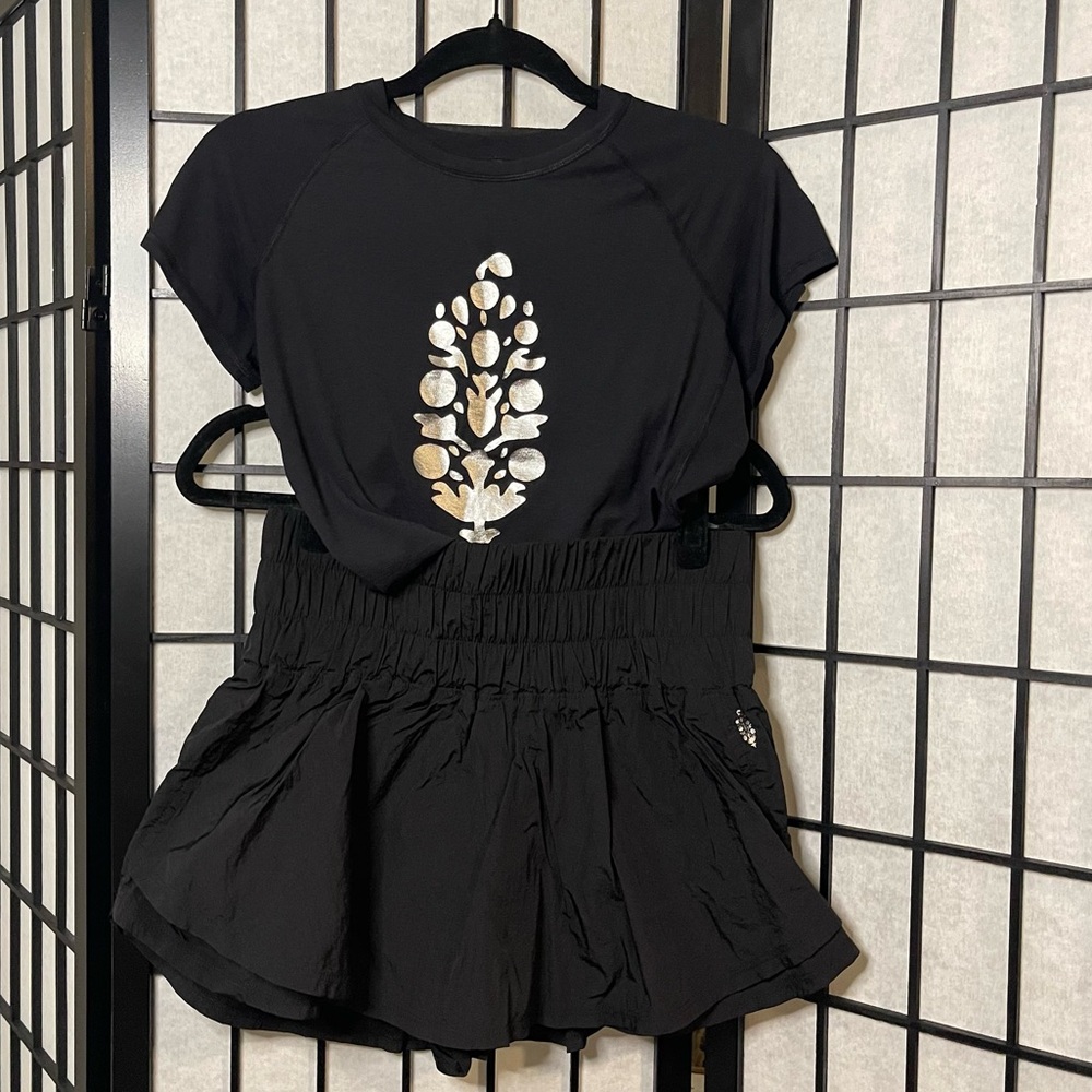 FP Movement by Free People Black Tee with Metallic Floral Motif and black skort